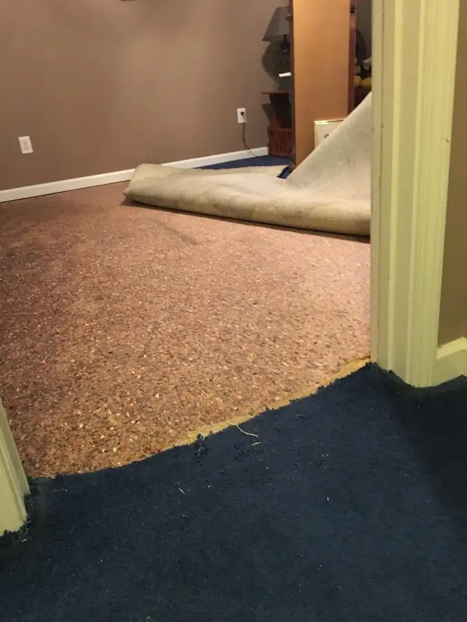 Carpet pad removal revealing water damage during Drying & Dehumidification in Glen Cove